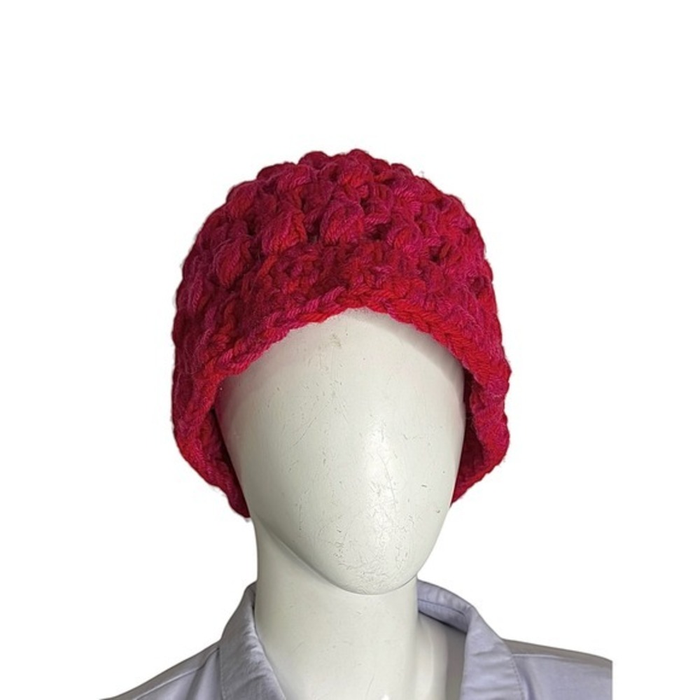 Handmade Red Pink Chunky Knit Beanie Textured Bobble Stitch Winter Hat - Picture 2 of 4
